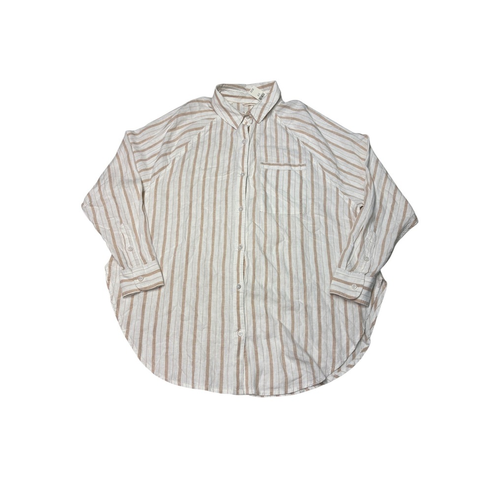 NWT Aerie Tan White Striped Linen Blend Button Down Shirt Womens XXS‎